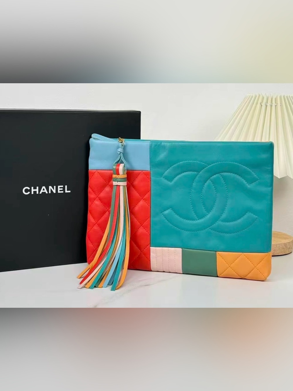 Colorblock Leather Clutch with Tassel - Teal & Red